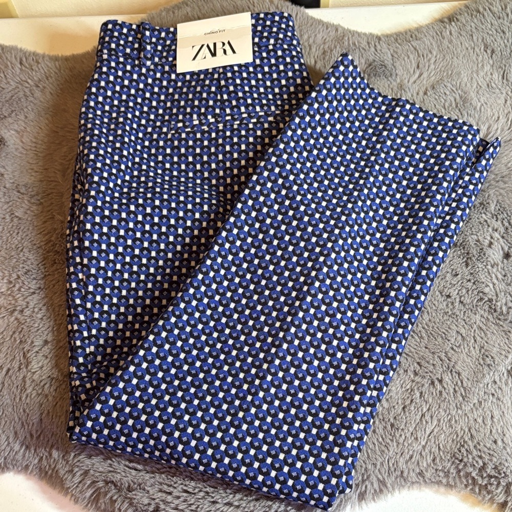 NWT Zara Blue and White Geometric Print Pants